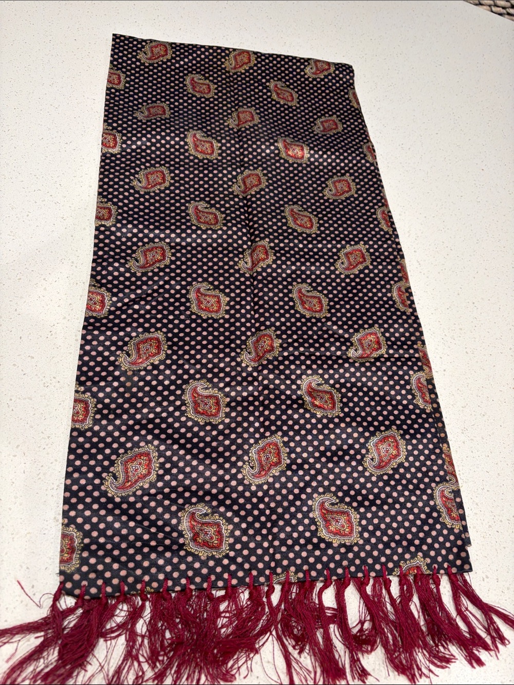 TOOTAL - Silk Paisley & Polka Dot Scarf with Fringe - Navy & Burgundy